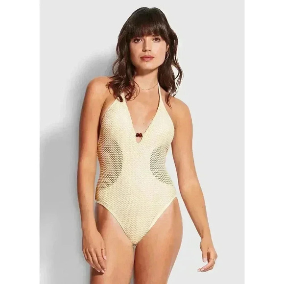 SEAFOLLY Dream Catcher Halter One-Piece Swimsuit Ecru Size 10 - Picture 1 of 14